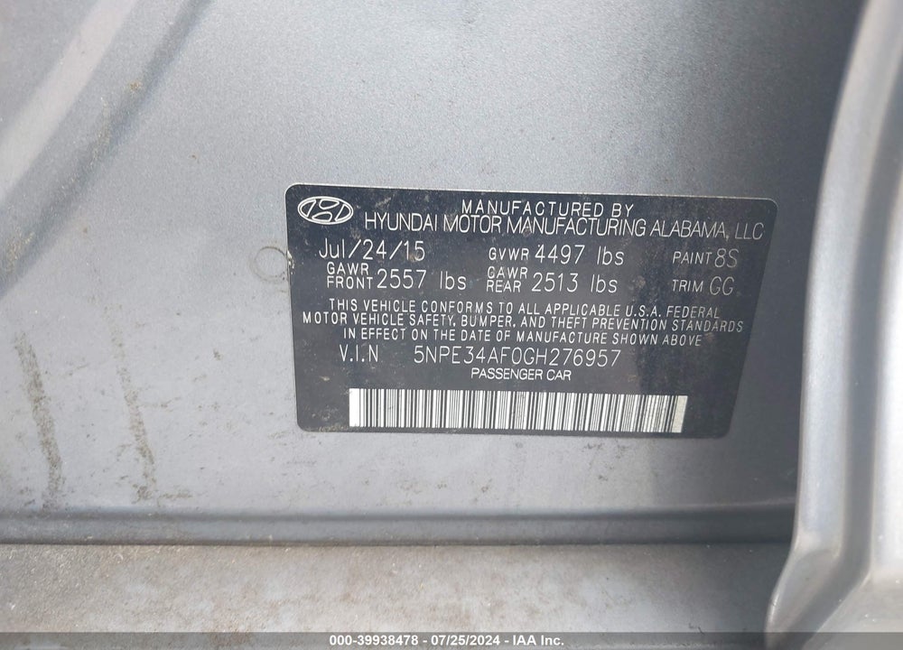2016 HYUNDAI SONATA SPORT VIN: 5NPE34AF0GH276957