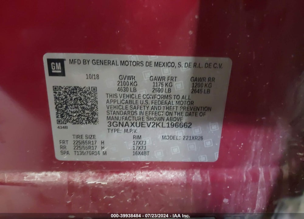 2019 CHEVROLET EQUINOX LT VIN: 3GNAXUEV2KL196662