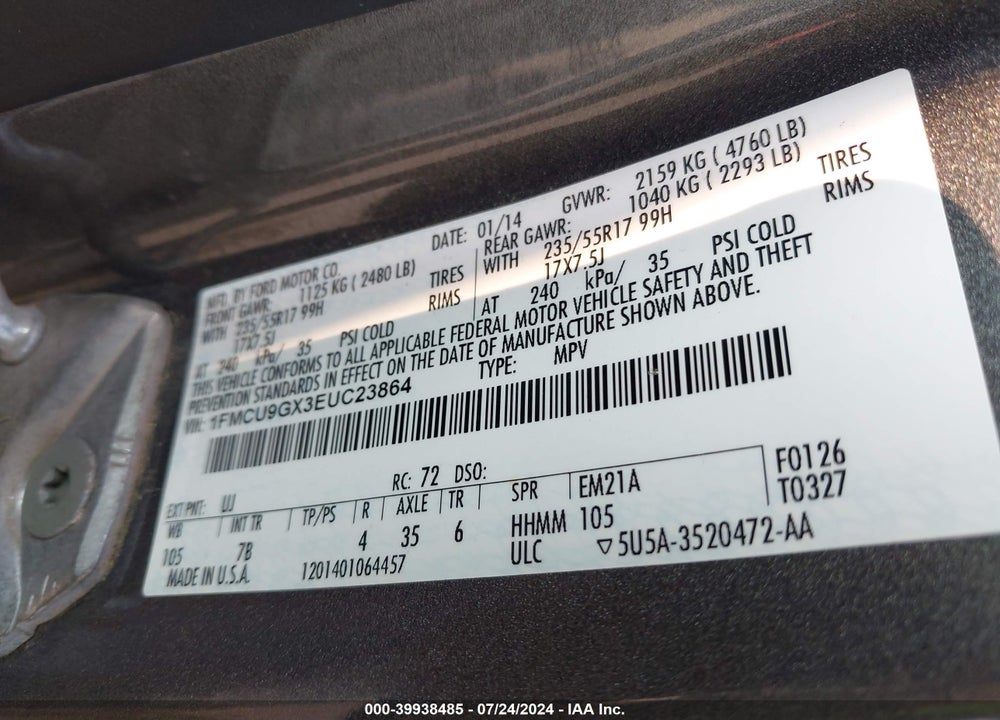 2014 FORD ESCAPE SE VIN: 1FMCU9GX3EUC23864