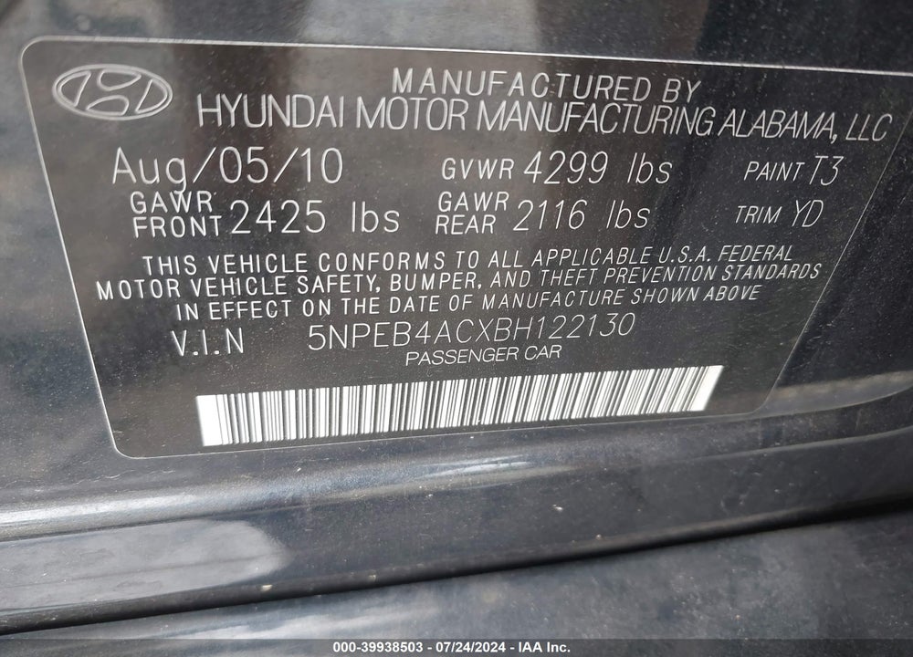 2011 HYUNDAI SONATA GLS VIN: 5NPEB4ACXBH122130