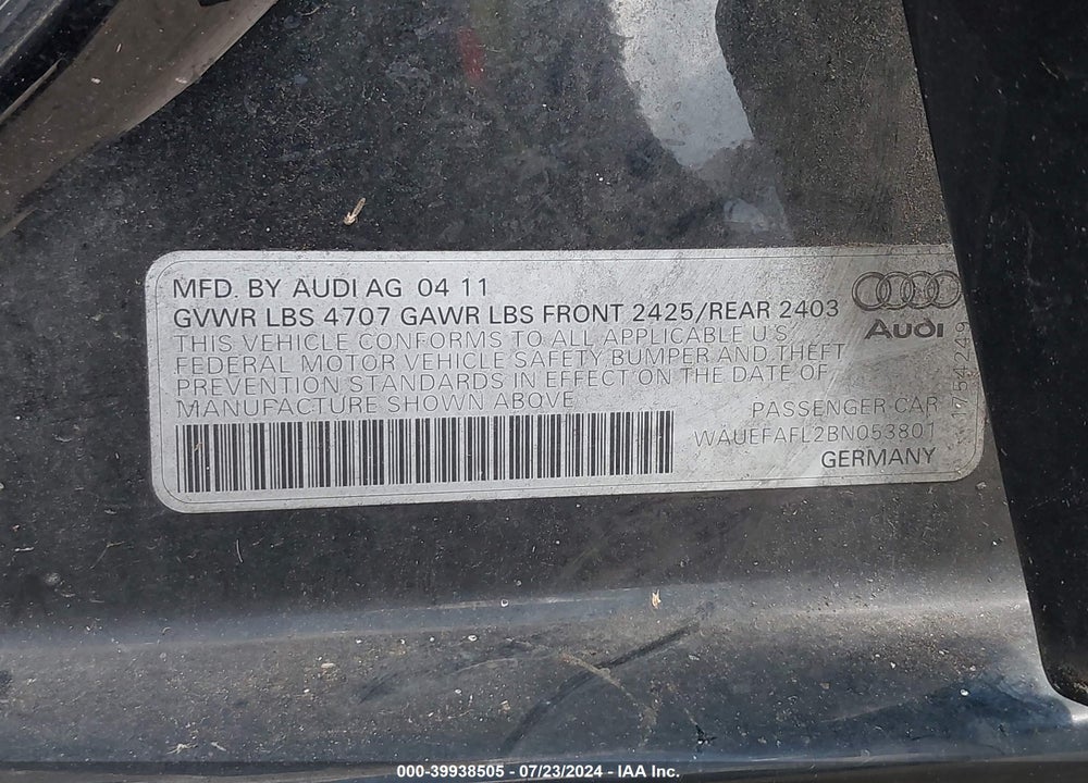 2011 AUDI A4 2.0T PREMIUM VIN: WAUEFAFL2BN053801