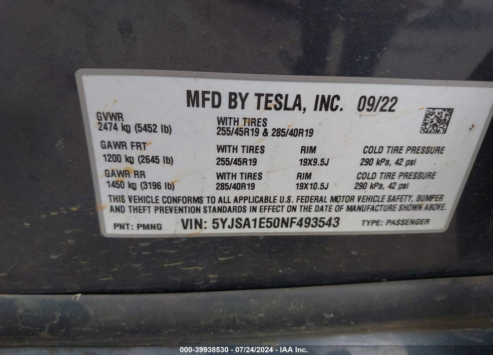 2022 TESLA MODEL S DUAL MOTOR ALL-WHEEL DRIVE VIN: 5YJSA1E50NF493543