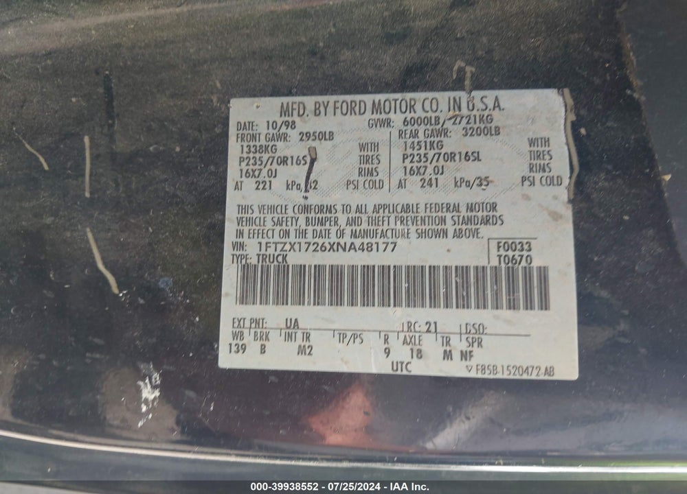 1999 FORD F-150 WORK SERIES/XL/XLT VIN: 1FTZX1726XNA48177