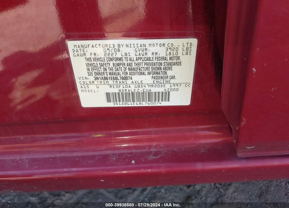 2008 NISSAN SENTRA VIN: 3N1AB61E68L760074