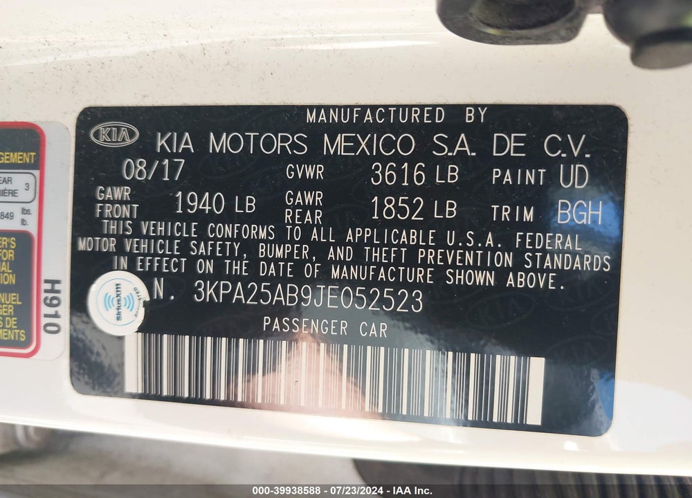 2018 KIA RIO S VIN: 3KPA25AB9JE052523