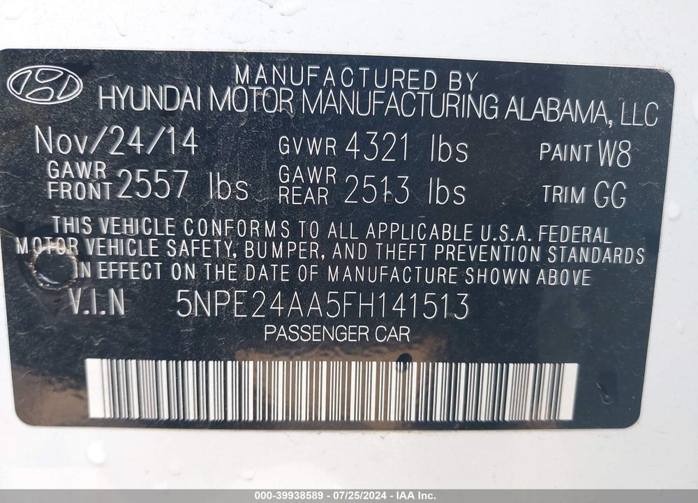 2015 HYUNDAI SONATA ECO VIN: 5NPE24AA5FH141513