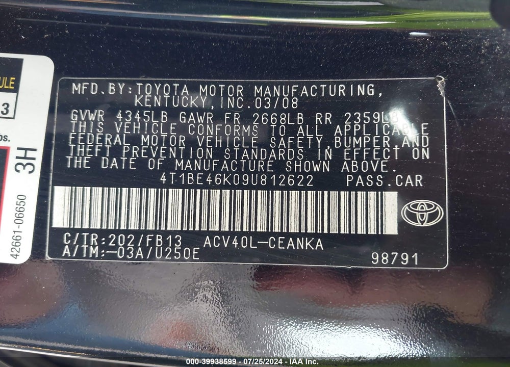 2009 TOYOTA CAMRY LE VIN: 4T1BE46K09U812622