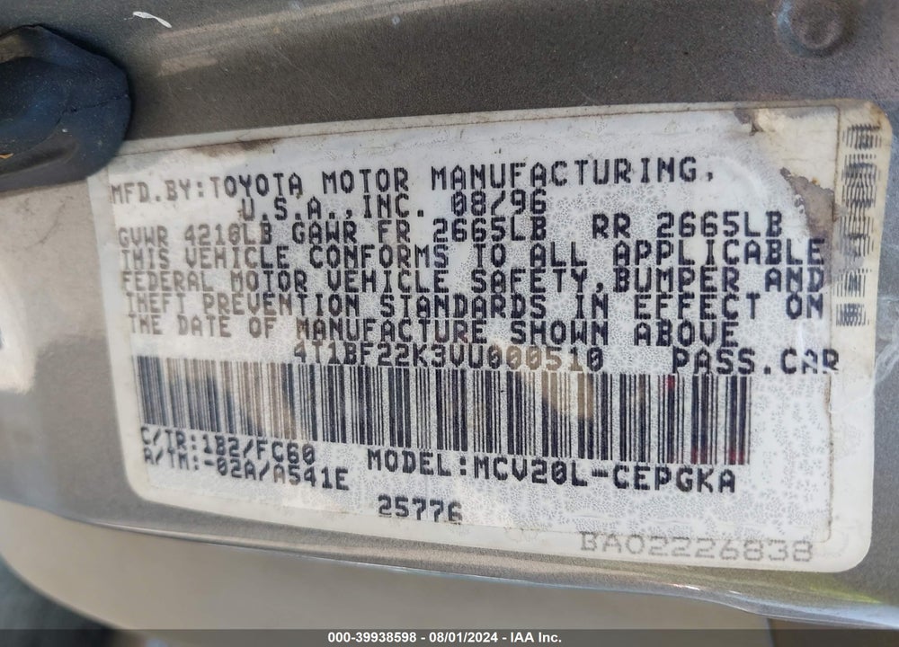 1997 TOYOTA CAMRY XLE V6 VIN: 4T1BF22K3VU000510