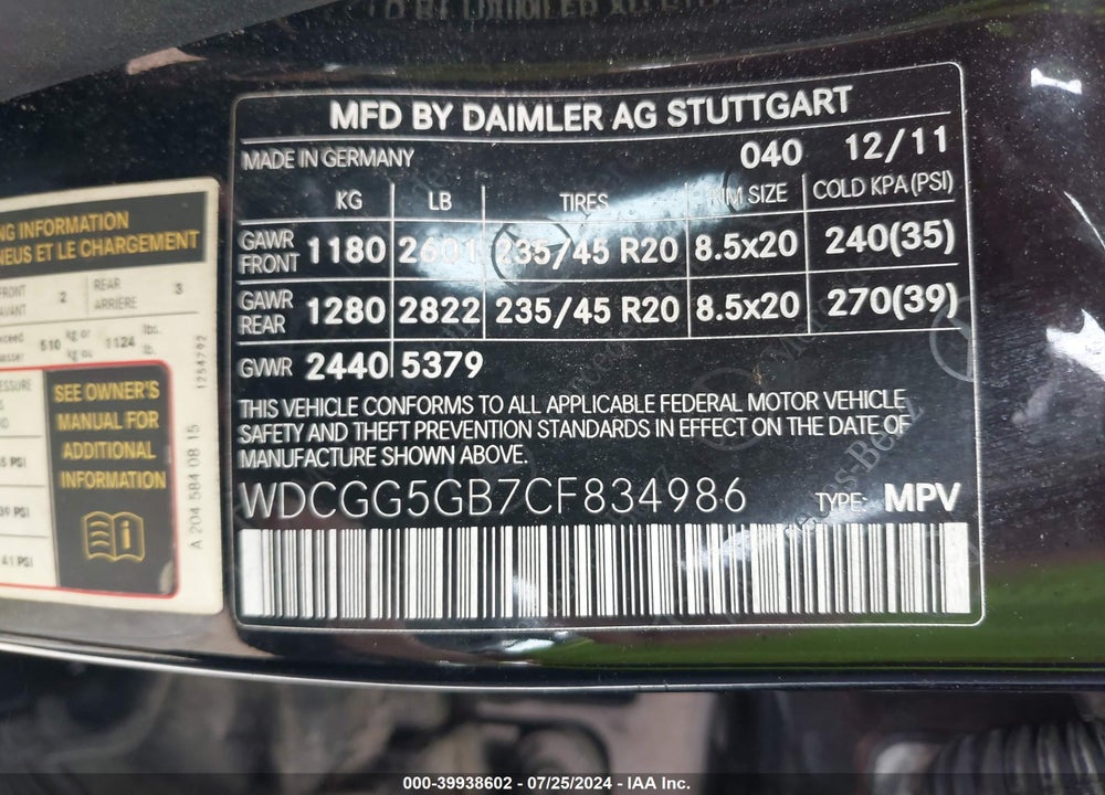2012 MERCEDES-BENZ GLK 350 VIN: WDCGG5GB7CF834986