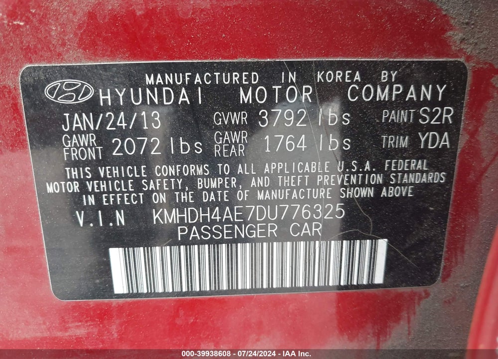 2013 HYUNDAI ELANTRA GLS VIN: KMHDH4AE7DU776325