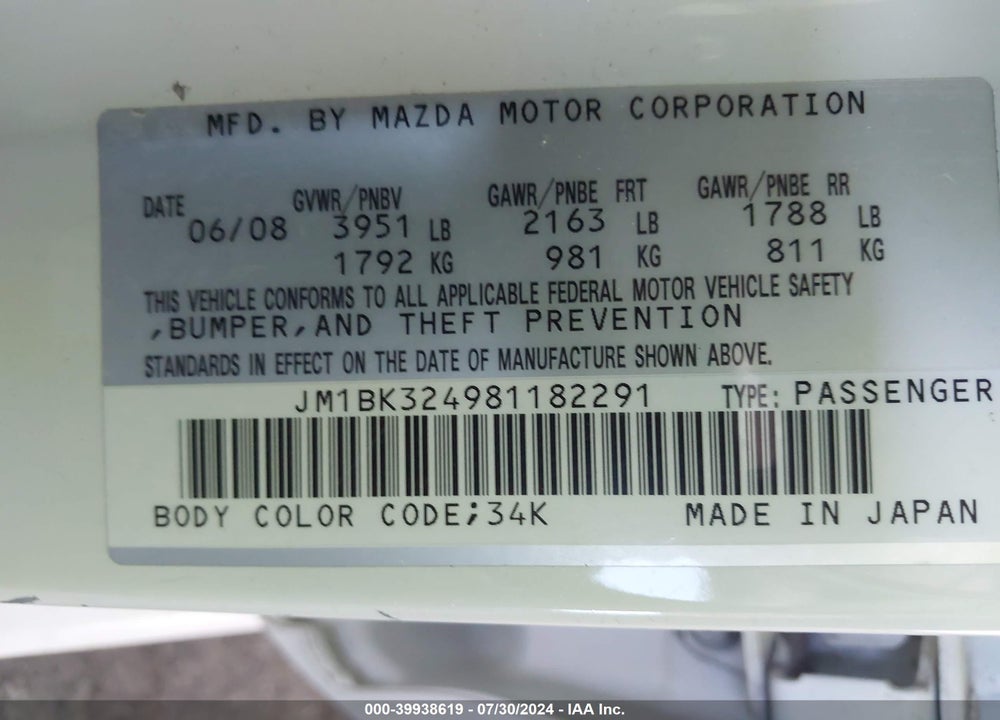 2008 MAZDA 3 S GRAND TOURING VIN: JM1BK324981182291