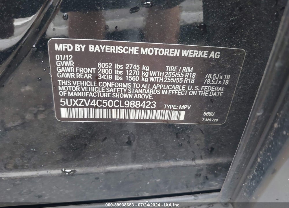 2012 BMW X5 XDRIVE35I/XDRIVE35I PREMIUM/XDRIVE35I SPORT ACTIVITY VIN: 5UXZV4C50CL988423