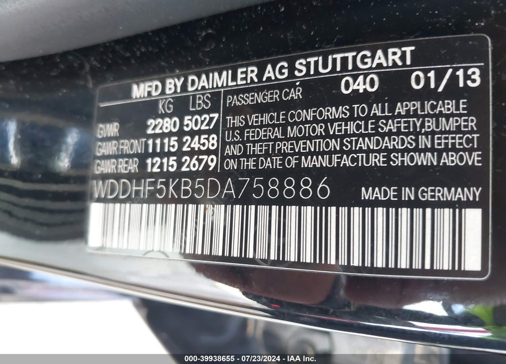 2013 MERCEDES-BENZ E 350 VIN: WDDHF5KB5DA758886