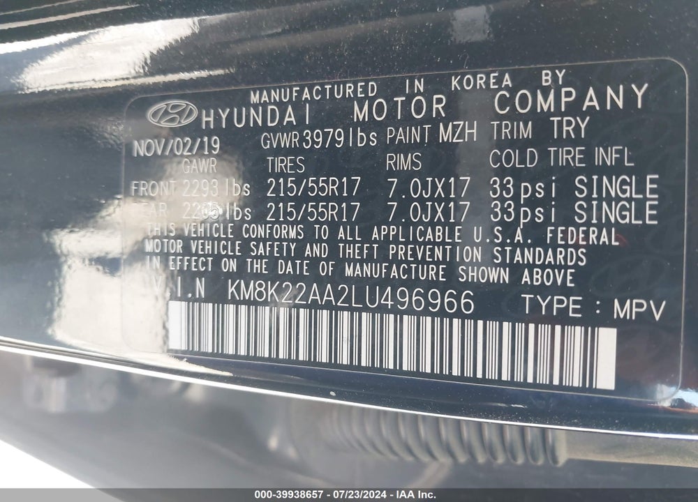 2020 HYUNDAI KONA SEL VIN: KM8K22AA2LU496966