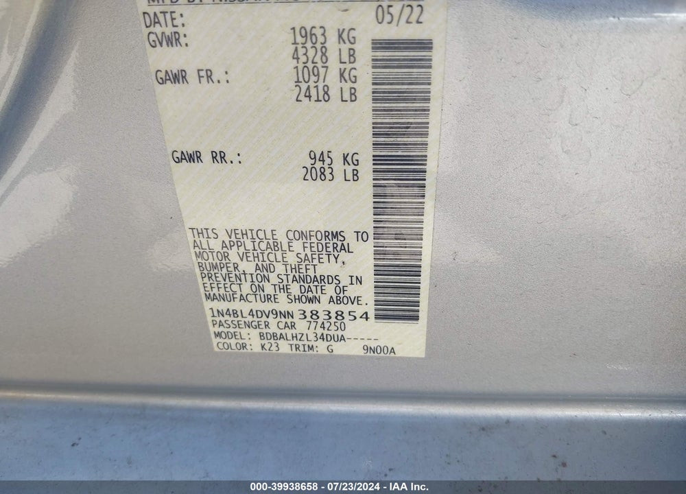 2022 NISSAN ALTIMA SV FWD VIN: 1N4BL4DV9NN383854
