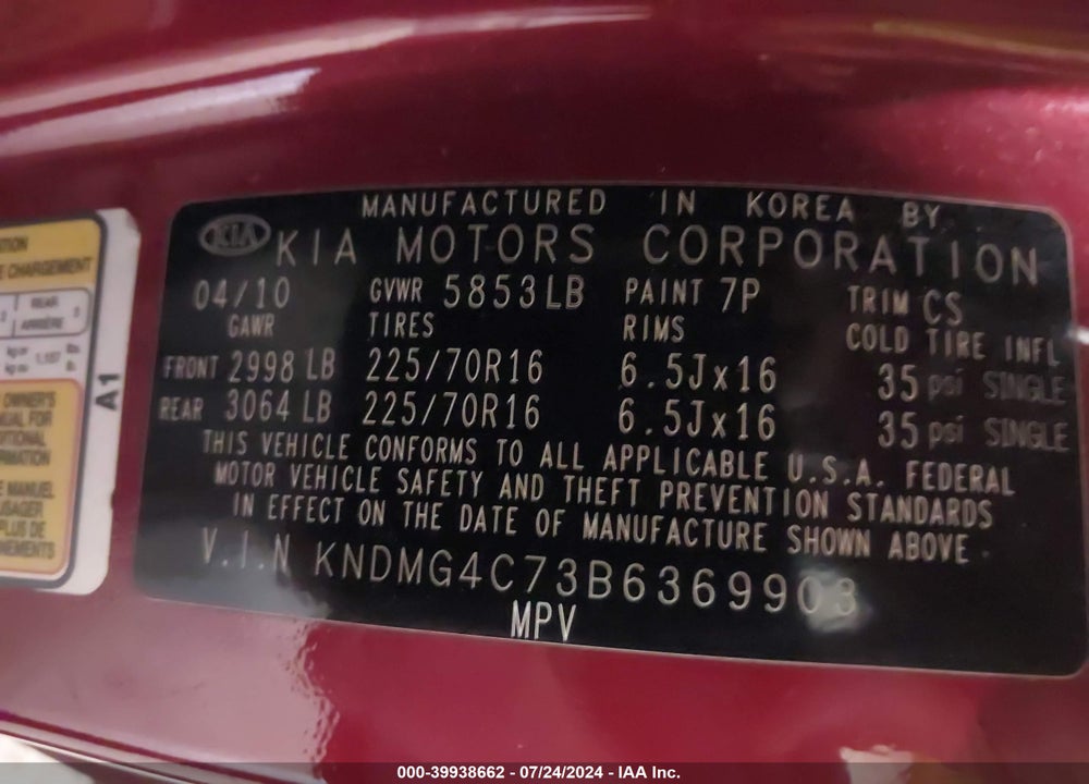2011 KIA SEDONA VIN: KNDMG4C73B6369903
