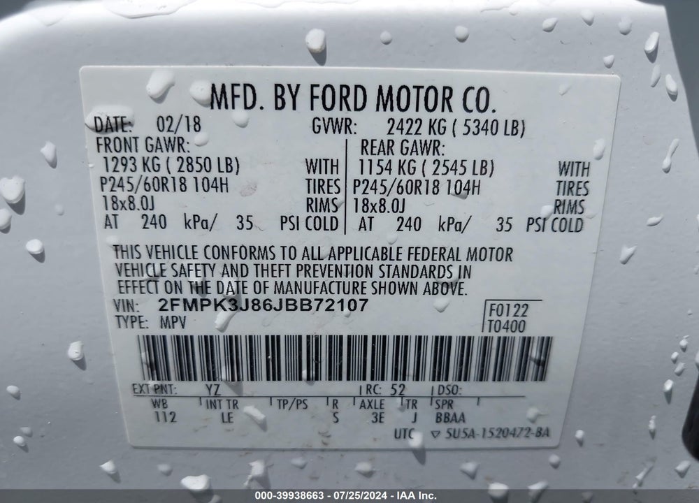 2018 FORD EDGE VIN: 2FMPK3J86JBB72107