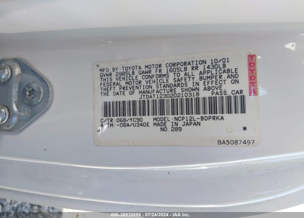 2002 TOYOTA ECHO VIN: JTDAT123020210318