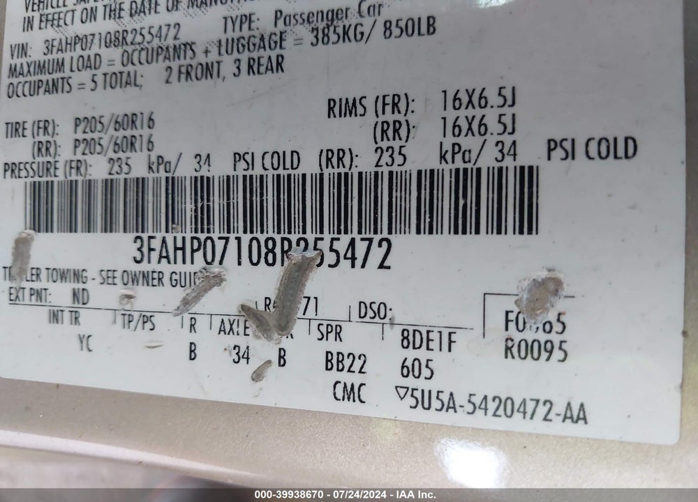 2008 FORD FUSION SE VIN: 3FAHP07108R255472