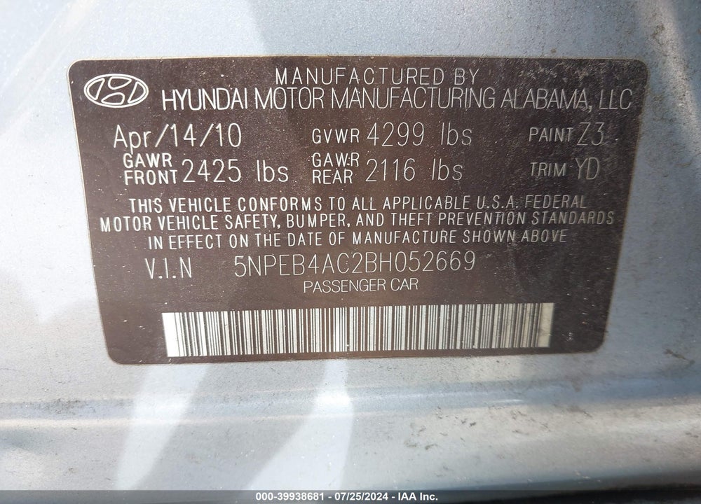 2011 HYUNDAI SONATA GLS VIN: 5NPEB4AC2BH052669