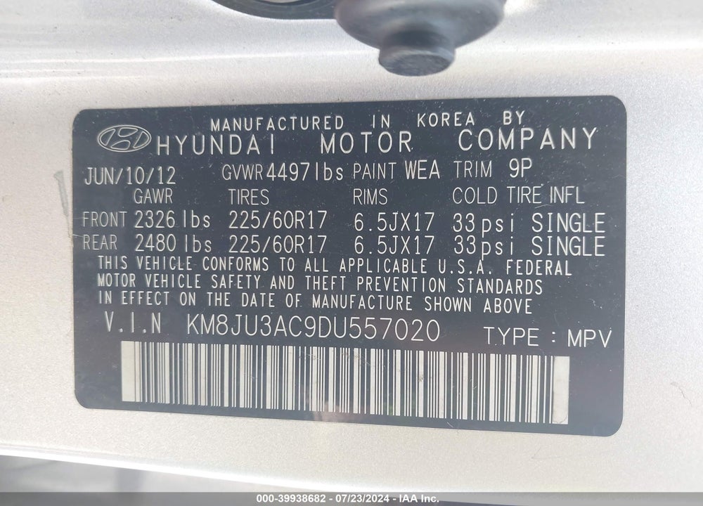 2013 HYUNDAI TUCSON GLS VIN: KM8JU3AC9DU557020