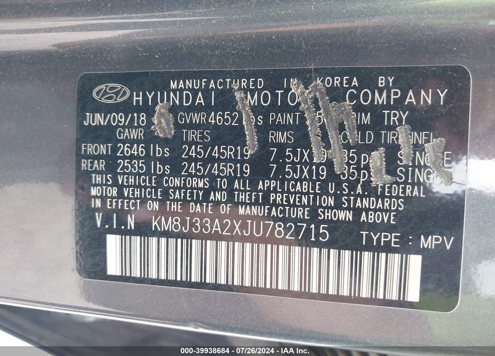 2018 HYUNDAI TUCSON VALUE VIN: KM8J33A2XJU782715
