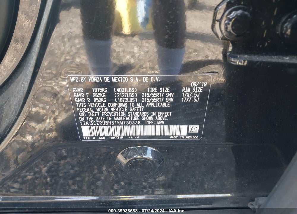 2019 HONDA HR-V LX VIN: 3CZRU5H31KM730338