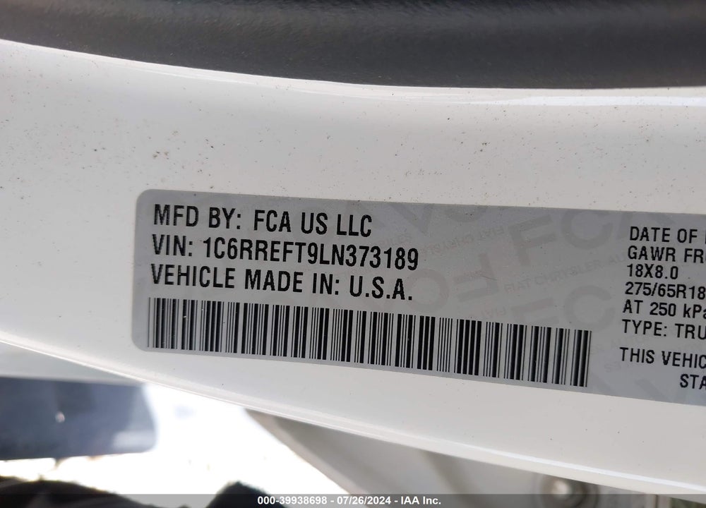 2020 RAM 1500 BIG HORN 4X2 5'7 BOX VIN: 1C6RREFT9LN373189