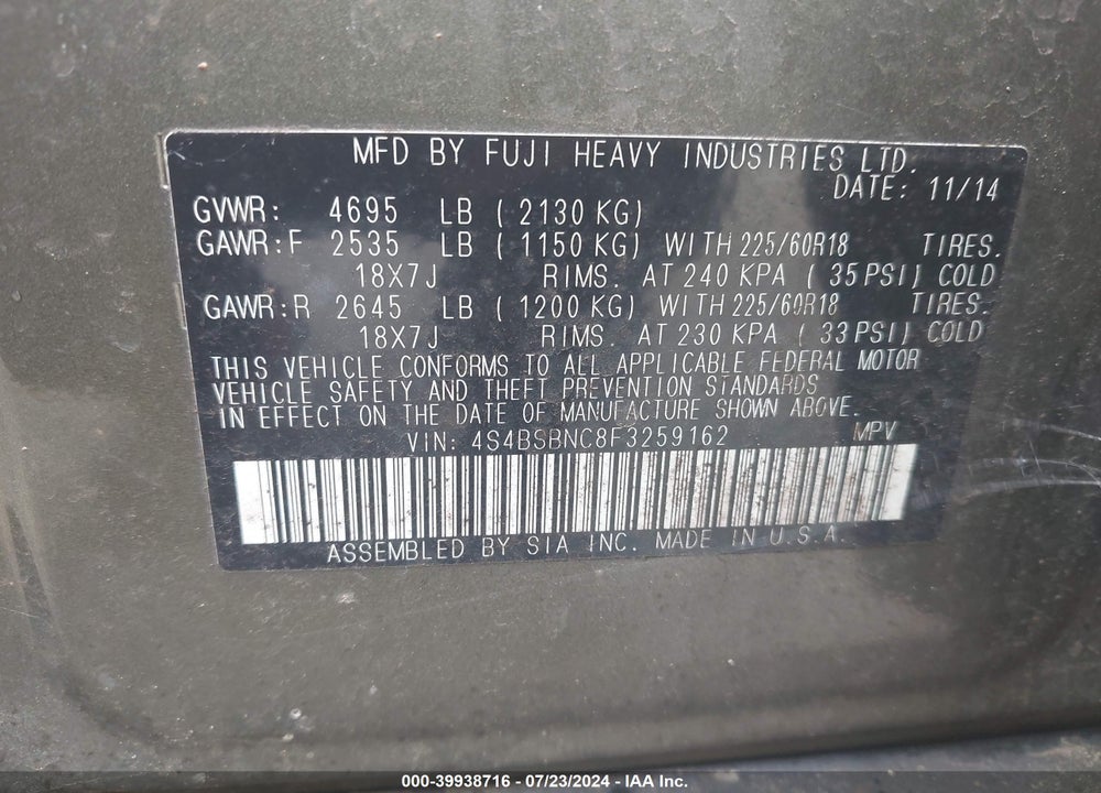2015 SUBARU OUTBACK 2.5I LIMITED VIN: 4S4BSBNC8F3259162