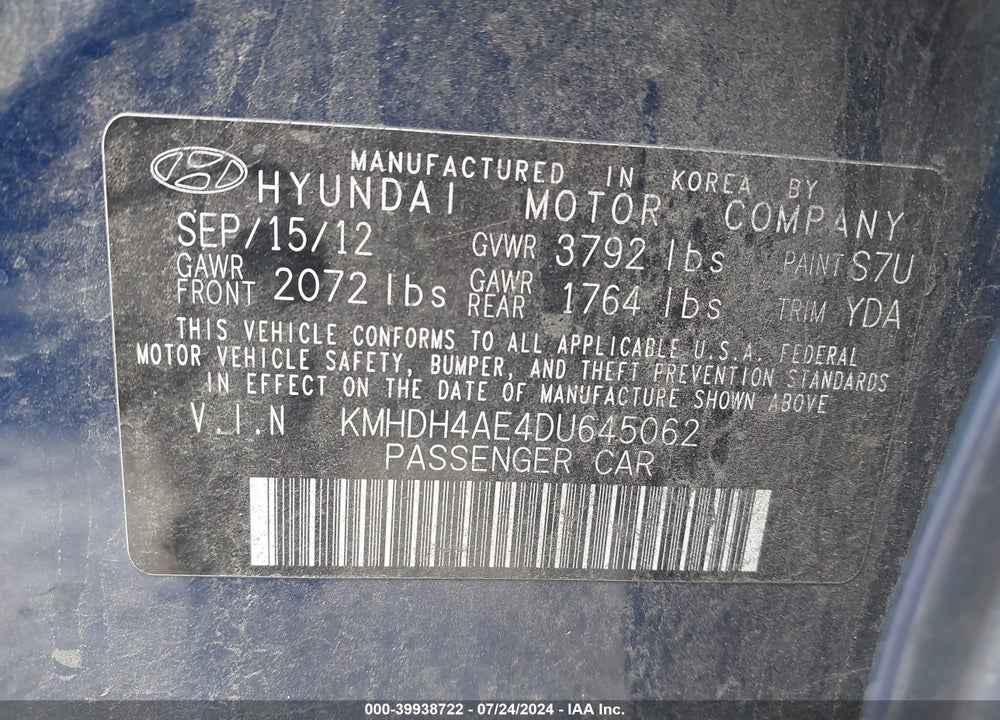 2013 HYUNDAI ELANTRA GLS VIN: KMHDH4AE4DU645062
