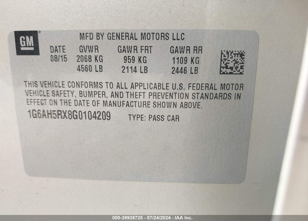 2016 CADILLAC ATS LUXURY COLLECTION VIN: 1G6AH5RX8G0104209