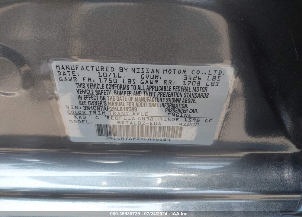 2017 NISSAN VERSA 1.6 SV VIN: 3N1CN7AP2HL818589