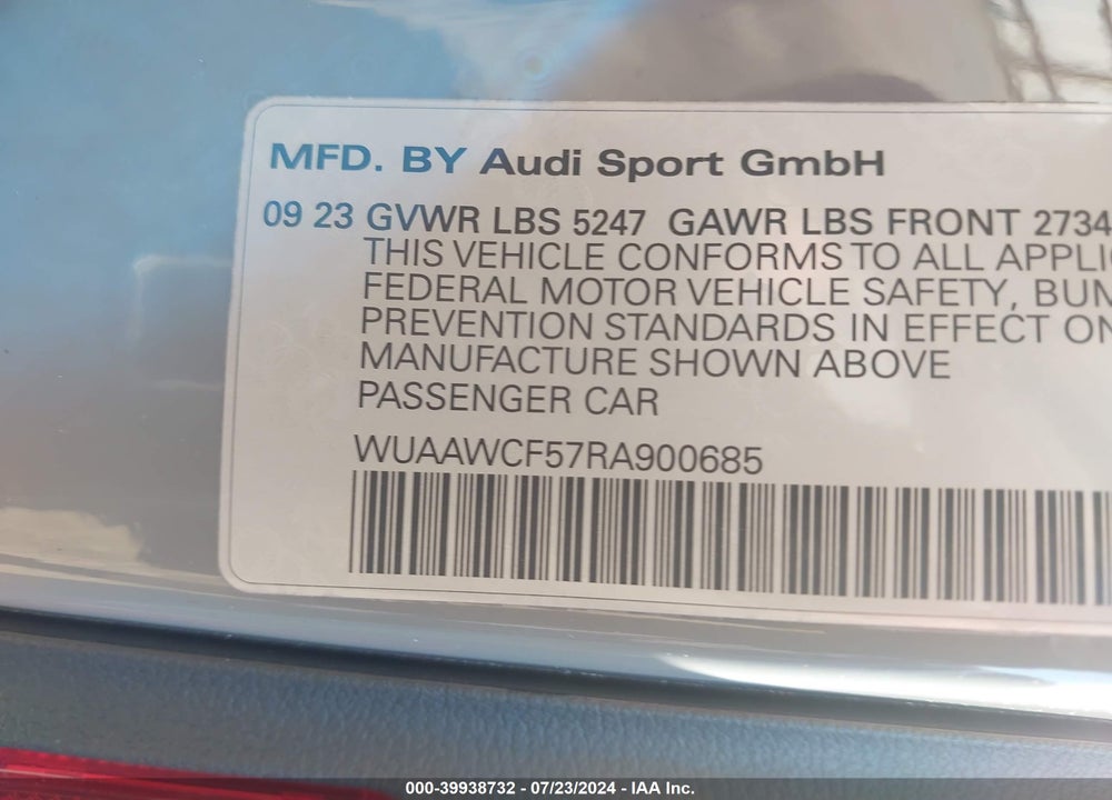 2024 AUDI RS 5 SPORTBACK TFSI QUATTRO TIPTRONIC VIN: WUAAWCF57RA900685