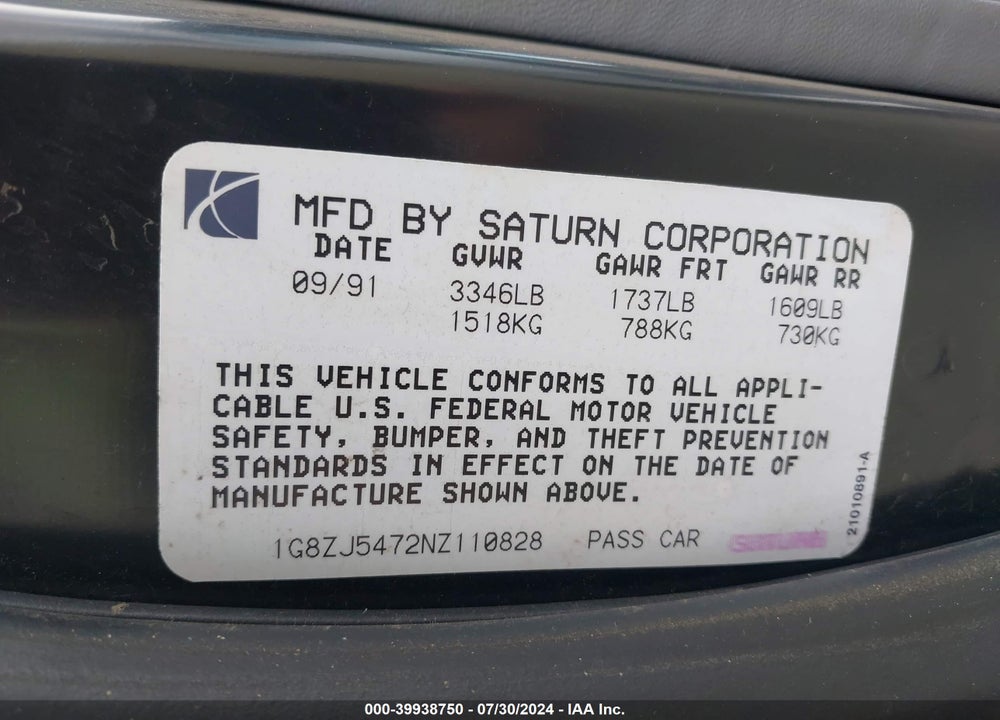 1992 SATURN SL2 VIN: 1G8ZJ5472NZ110828