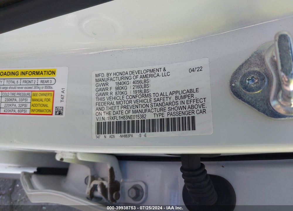 2022 HONDA CIVIC SPORT TOURING VIN: 19XFL1H83NE015382