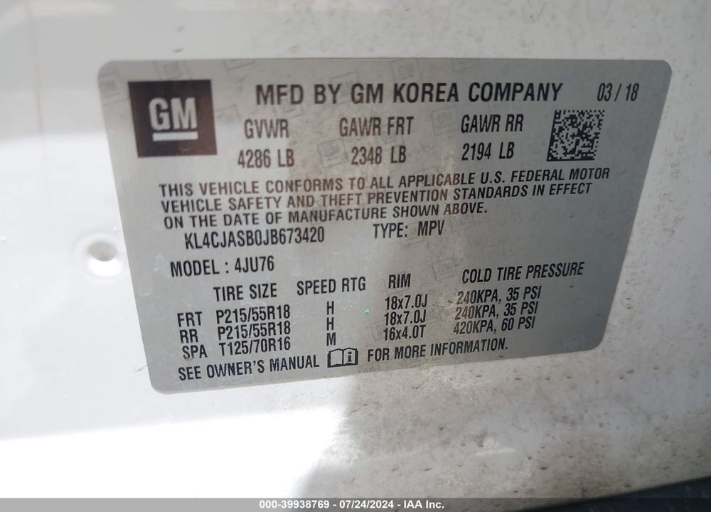 2018 BUICK ENCORE PREFERRED VIN: KL4CJASB0JB673420