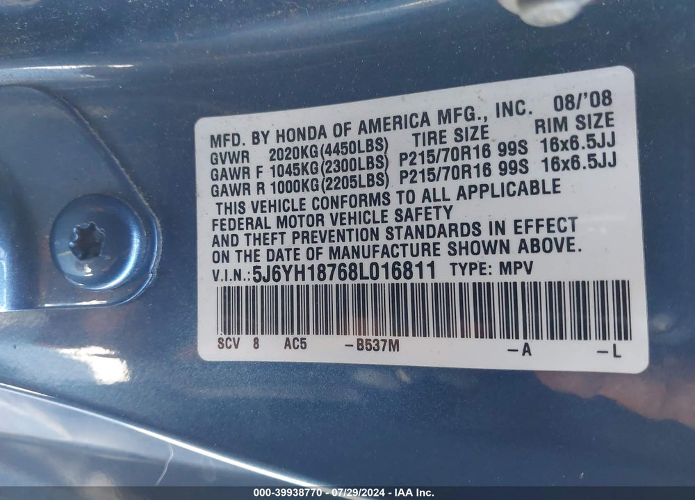 2008 HONDA ELEMENT EX VIN: 5J6YH18768L016811