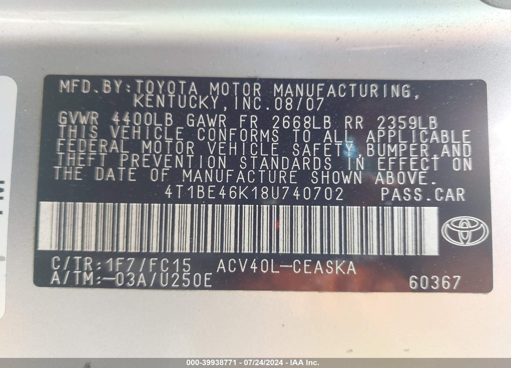 2008 TOYOTA CAMRY SE VIN: 4T1BE46K18U740702