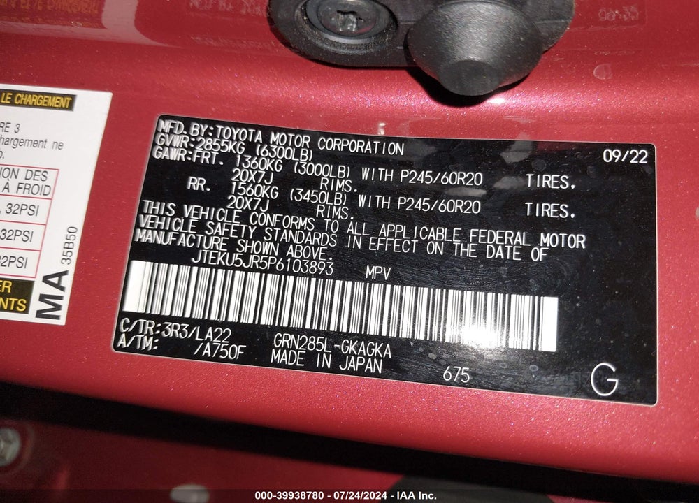 2023 TOYOTA 4RUNNER LIMITED VIN: JTEKU5JR5P6103893
