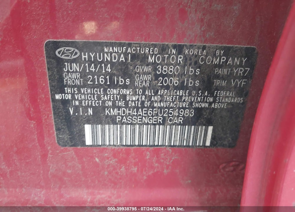 2015 HYUNDAI ELANTRA SE VIN: KMHDH4AE6FU254983
