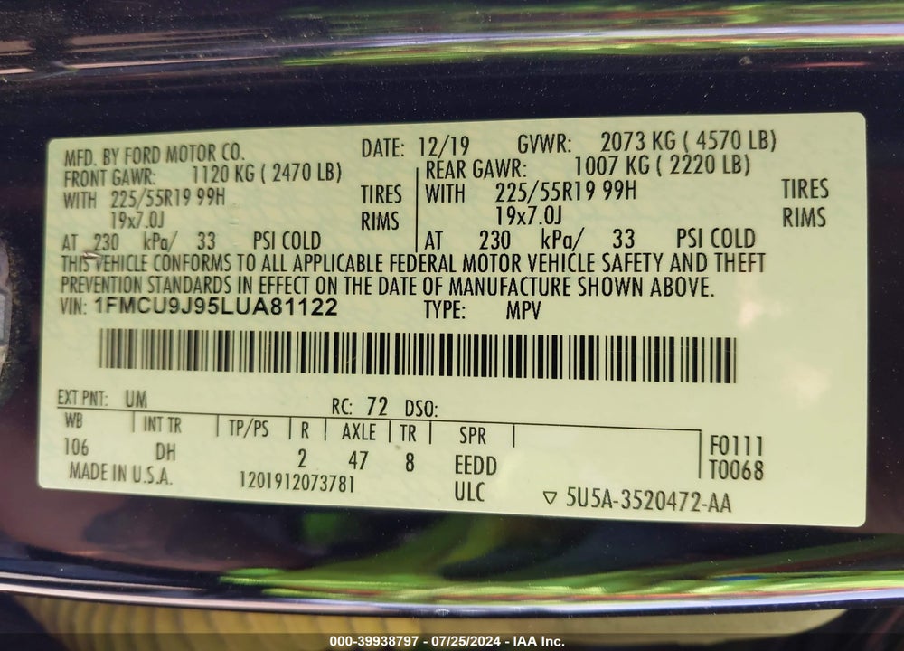 2020 FORD ESCAPE TITANIUM VIN: 1FMCU9J95LUA81122