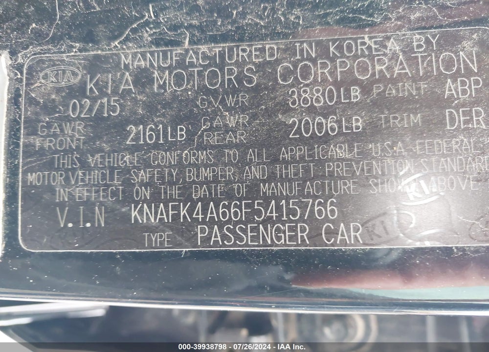 2015 KIA FORTE LX VIN: KNAFK4A66F5415766