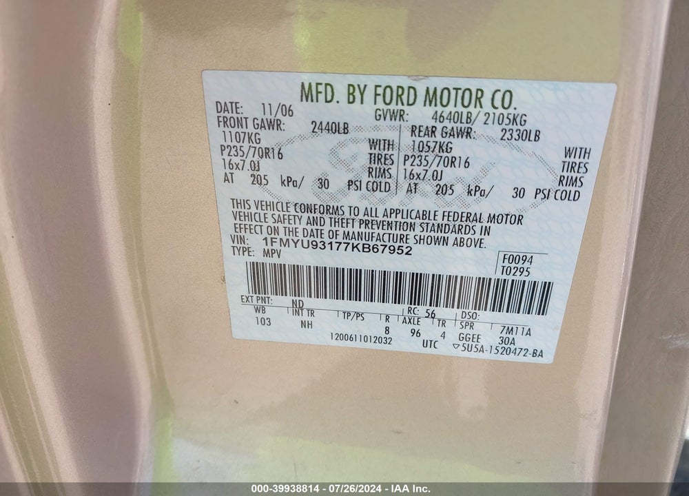 2007 FORD ESCAPE XLT/XLT SPORT VIN: 1FMYU93177KB67952
