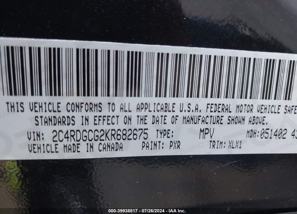 2019 DODGE GRAND CARAVAN SXT VIN: 2C4RDGCG2KR682675