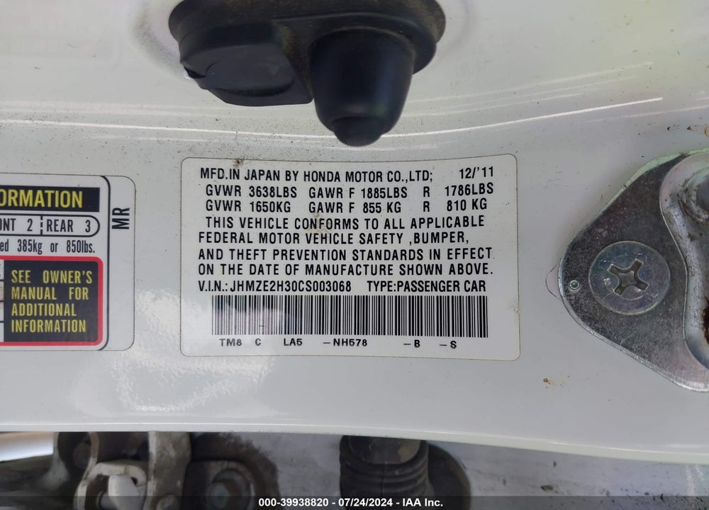 2012 HONDA INSIGHT VIN: JHMZE2H30CS003068