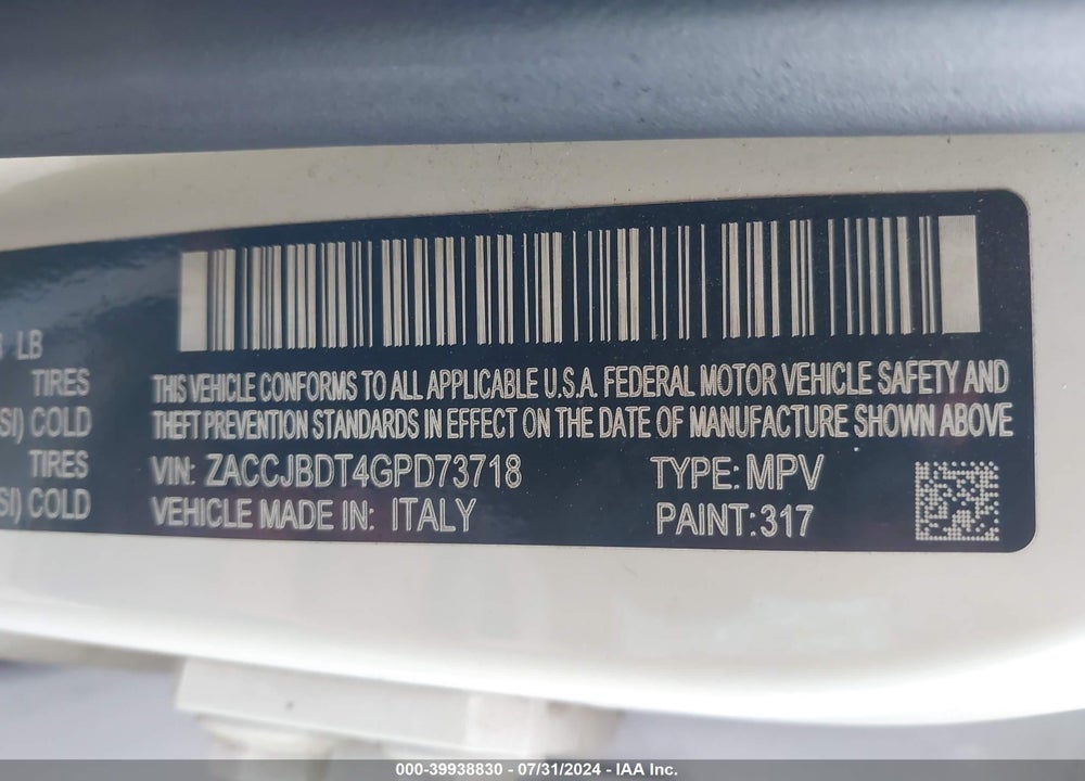 2016 JEEP RENEGADE VIN: ZACCJBDT4GPD73718