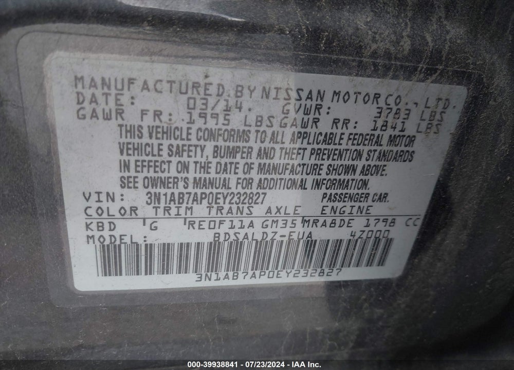 2014 NISSAN SENTRA SV VIN: 3N1AB7AP0EY232827