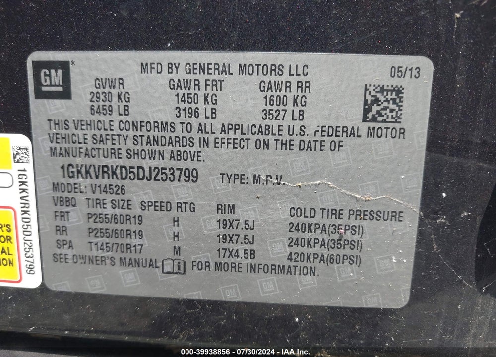 2013 GMC ACADIA SLT-1 VIN: 1GKKVRKD5DJ253799