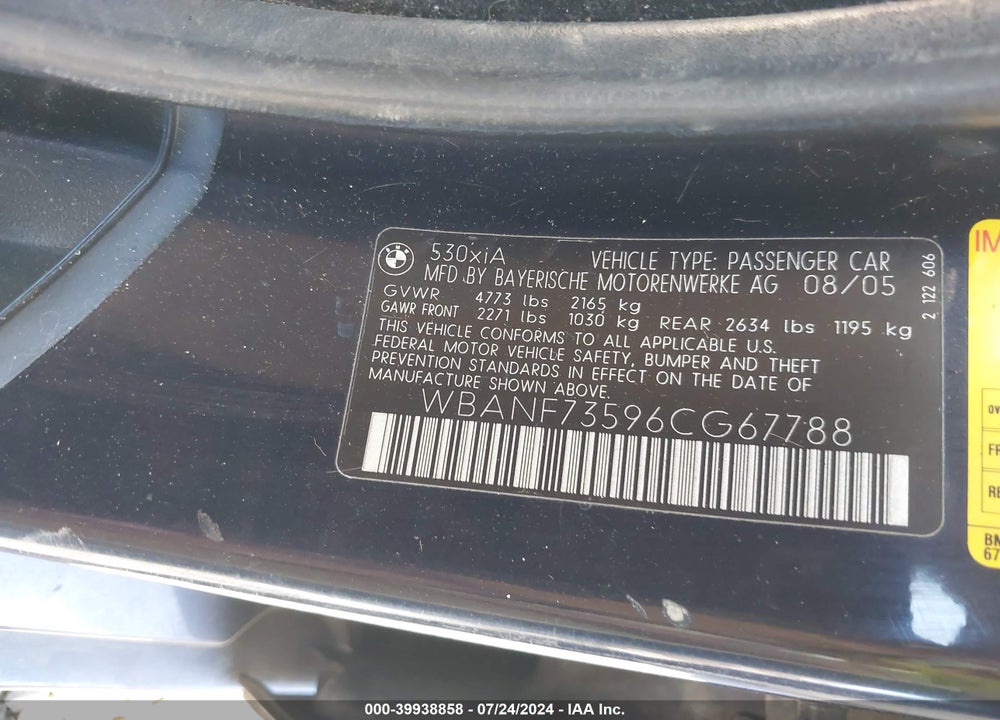 2006 BMW 530XI VIN: WBANF73596CG67788