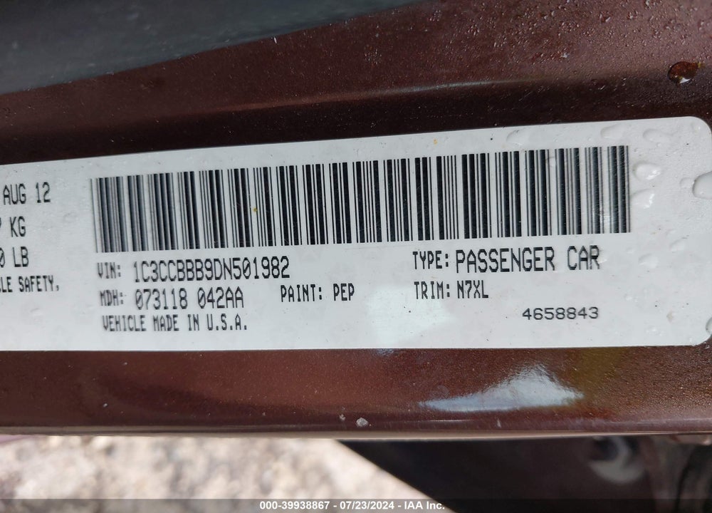 2013 CHRYSLER 200 TOURING VIN: 1C3CCBBB9DN501982